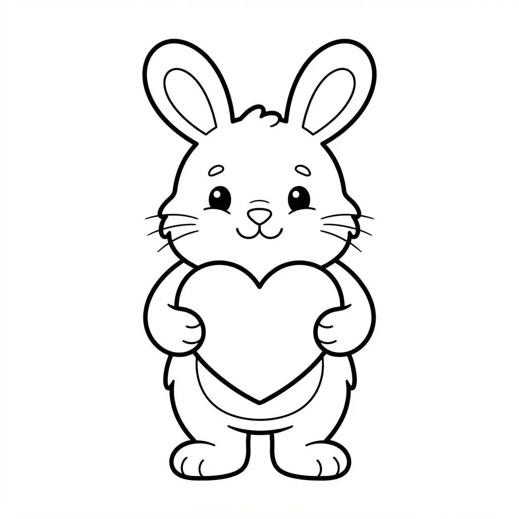 Simple line drawing of a bunny holding a heart on white paper.