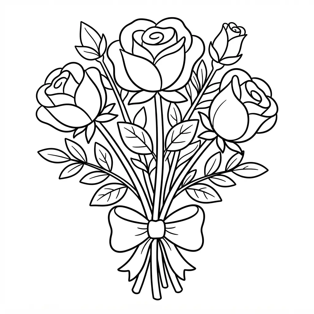 Black and white outline of a bouquet of roses for young children.