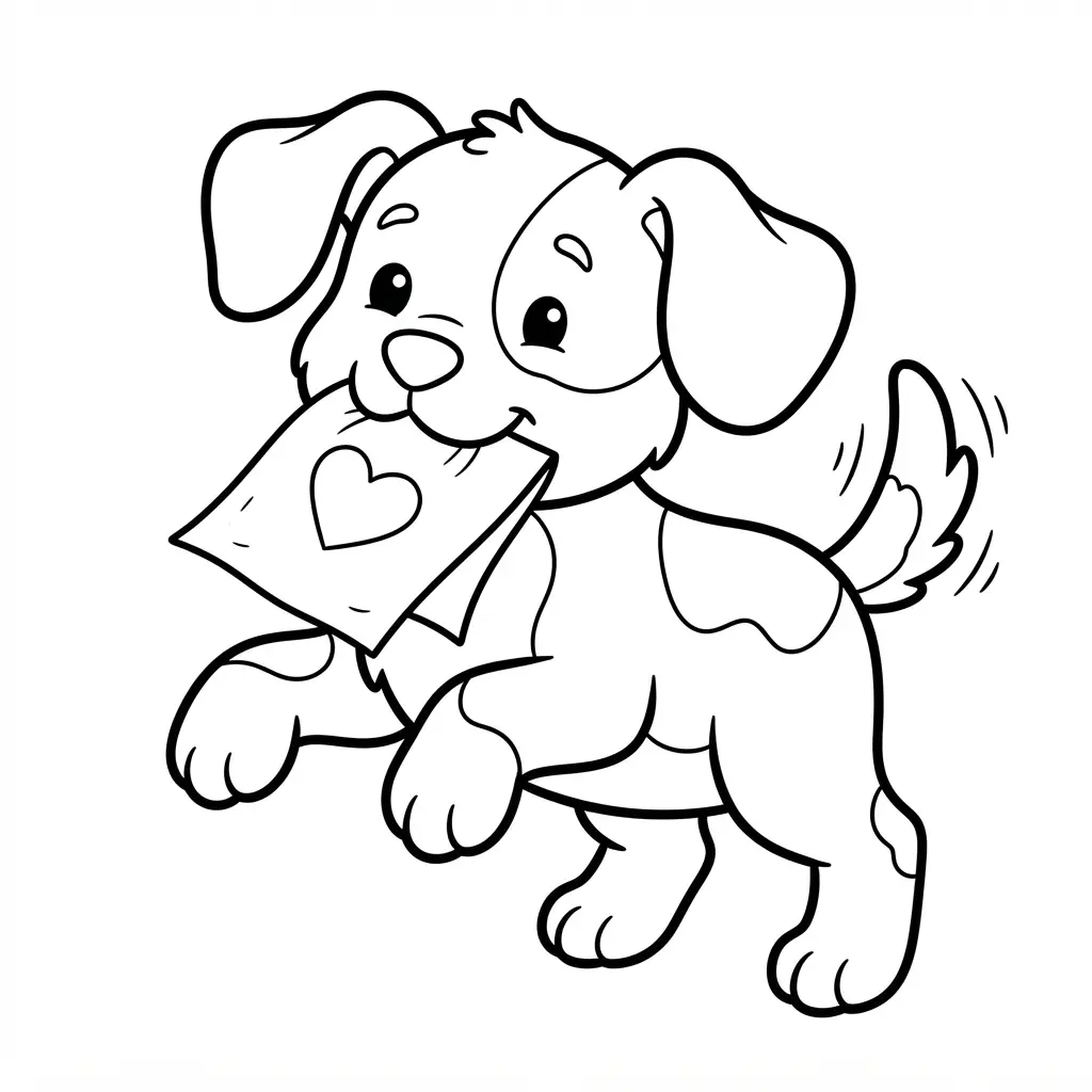 Cute cartoon dog holding a valentine card in its mouth.