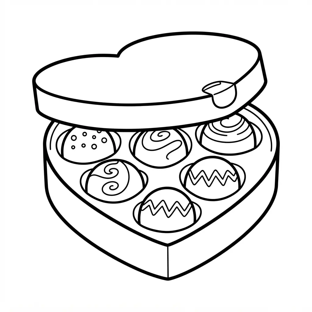 Open box with round chocolates inside heart shaped container.