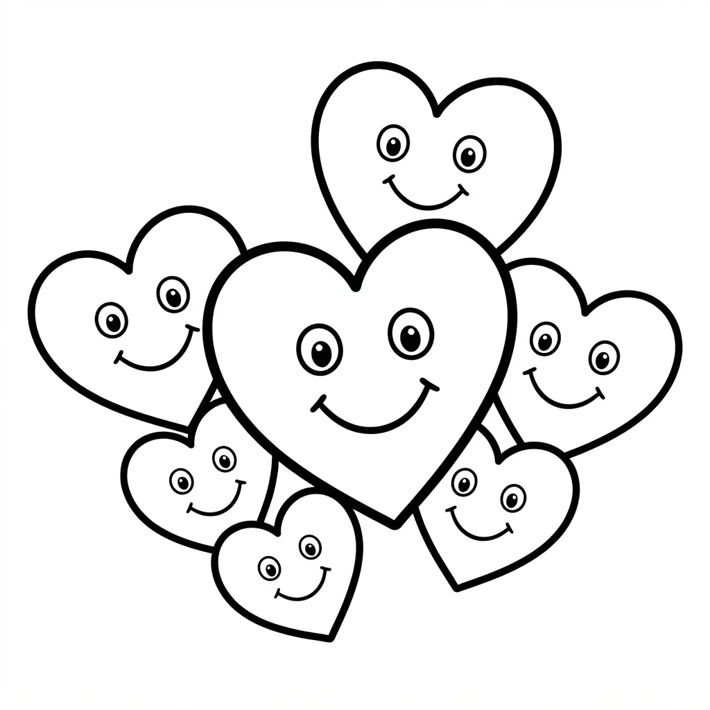 Multiple simple hearts with smiley faces for coloring.