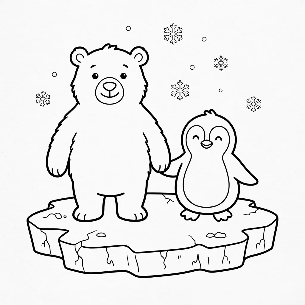 Cartoon polar bear and penguin standing together on ice.