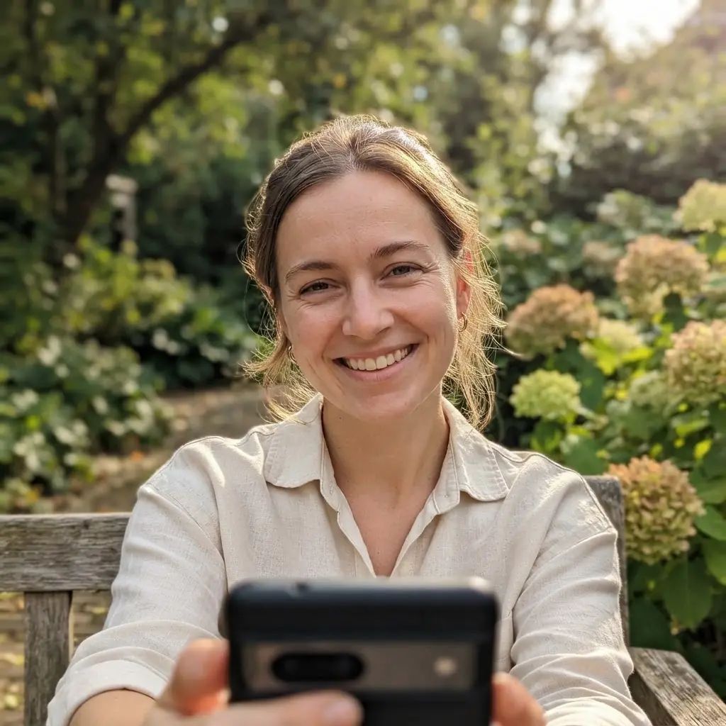 Person smiling in a candid selfie outdoors, showing a relaxed profile picture suggestion with soft daylight.