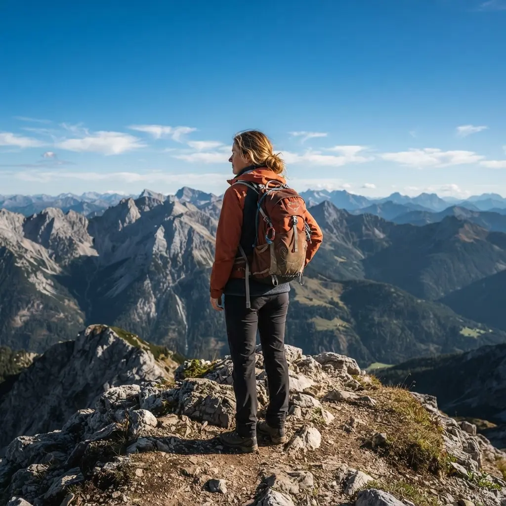 Hiker standing before layered mountain peaks, an outdoor profile picture suggestion with a clear blue sky.