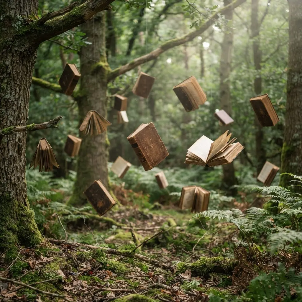 Whimsical photography ideas showing vintage books floating among mossy trees with soft forest light.