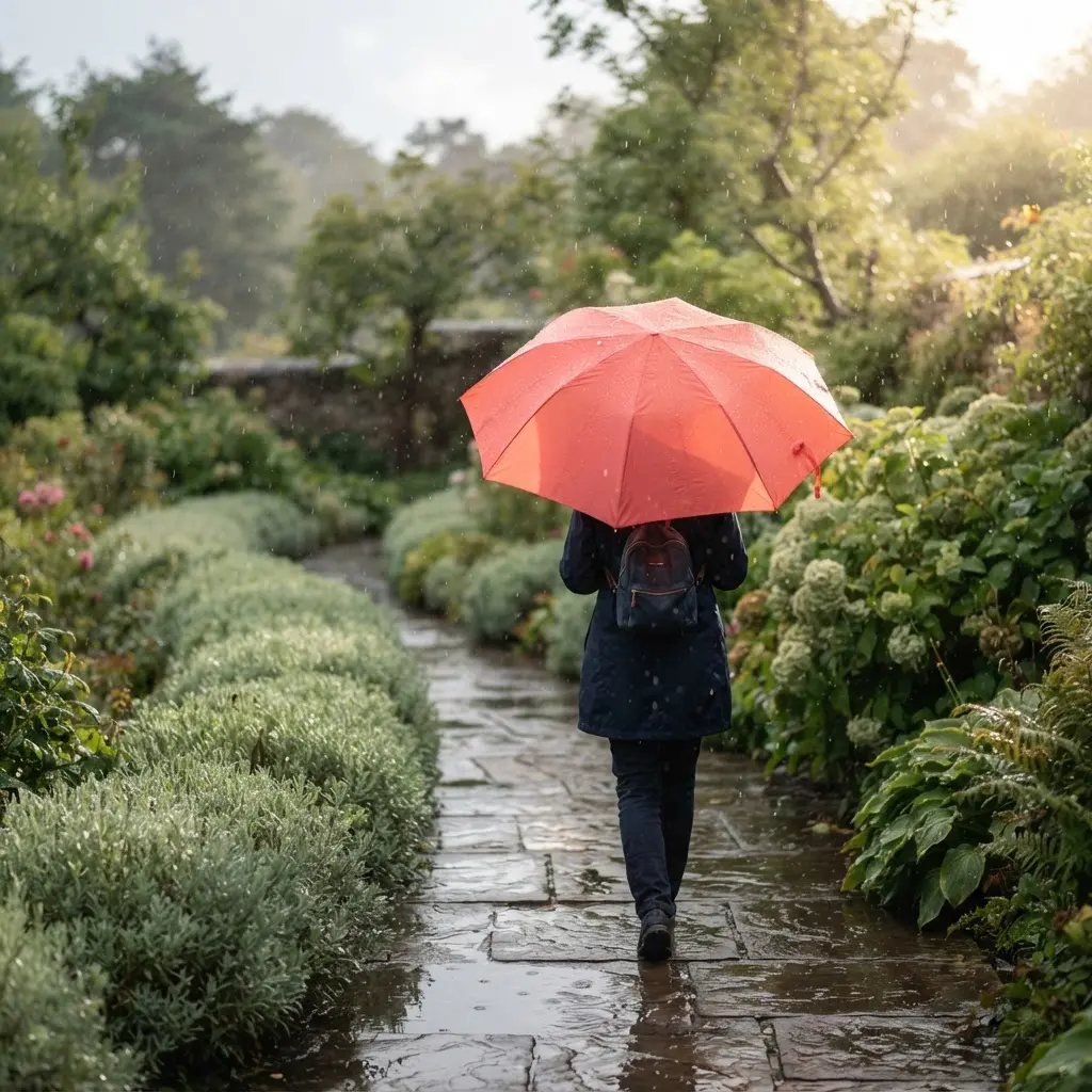 Whimsical photography ideas showing a bright umbrella held beneath falling rain on a quiet garden path.