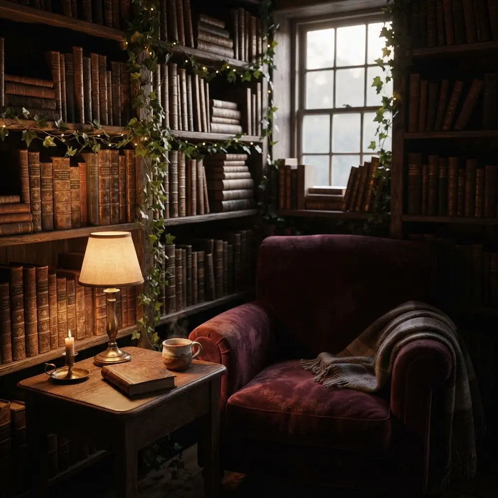 Whimsical photography ideas showing a cozy library nook with stacked books, warm lamps, and velvet seating.