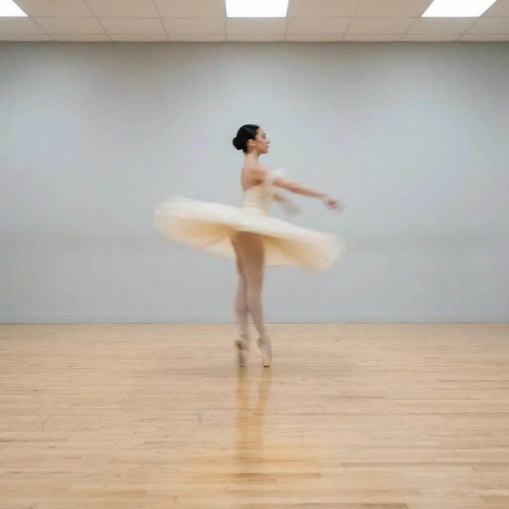A spinning dancer appears with soft motion blur against a pale studio wall and polished wooden floor.