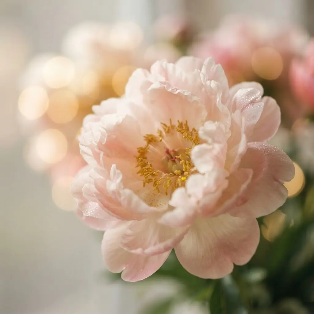 Whimsical photography ideas showing a close flower detail with soft focus, pastel petals, and round bokeh.
