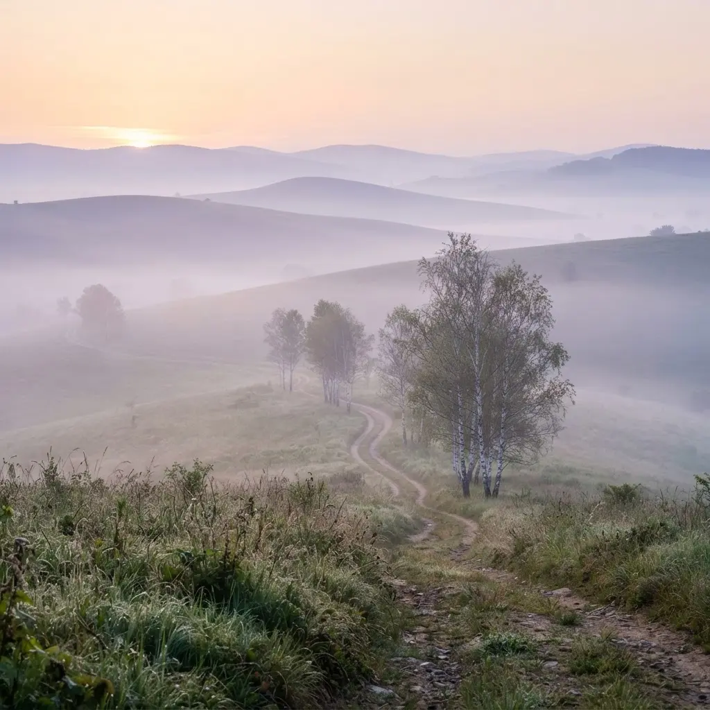 Pastel hills fade through morning fog, with a narrow path and pale trees visible in the distance.
