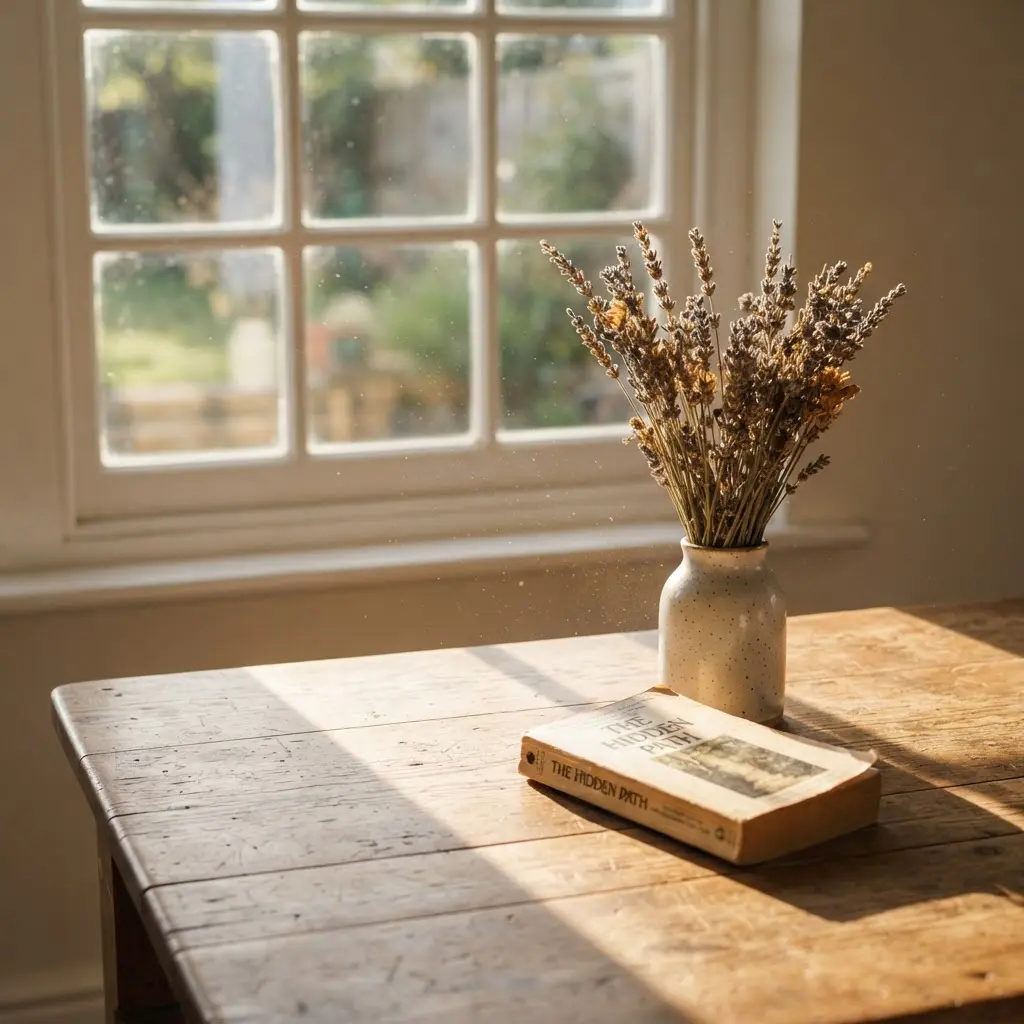 Whimsical photography ideas showing a warm sunbeam through a window pane across a table with dried flowers.