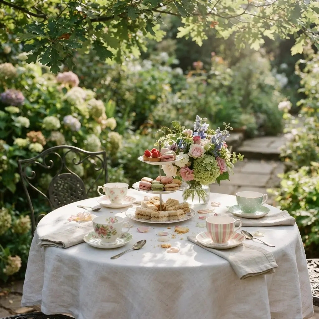 Whimsical tea photography ideas showing a delicate cup and saucer surrounded by dried petals.