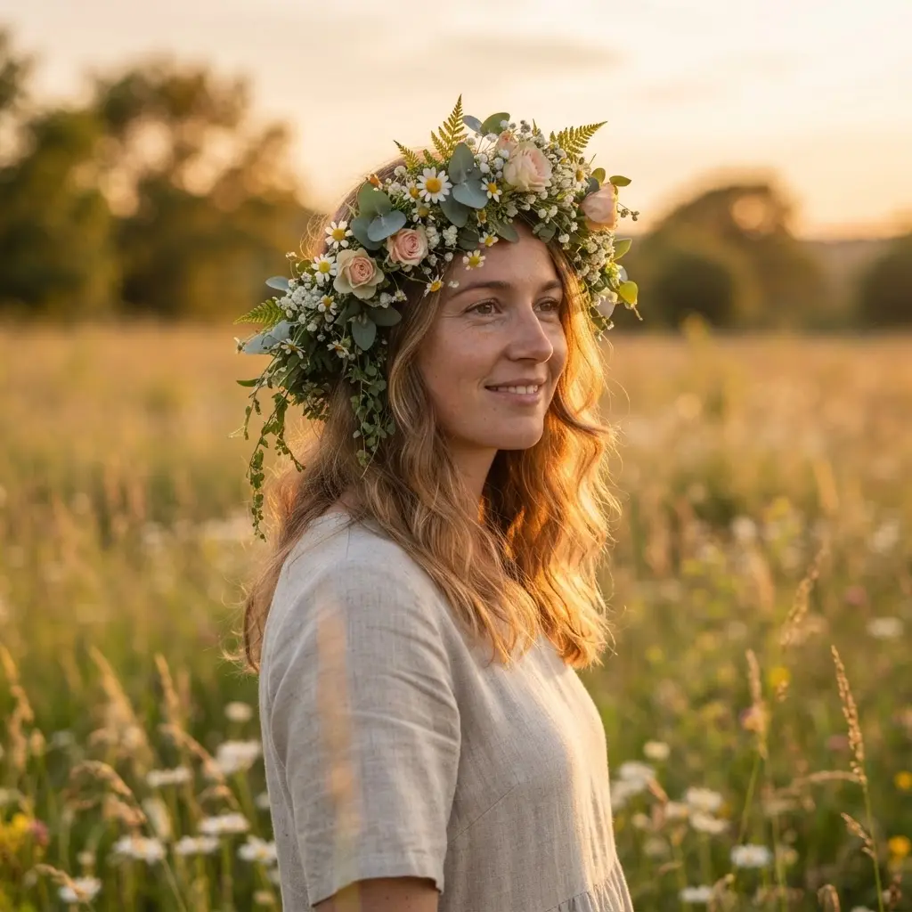 Portrait subject wearing a floral crown at sunset, framed by warm light and blurred meadow grasses.