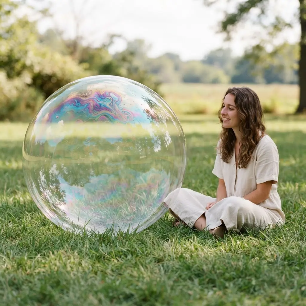 Whimsical photography ideas featuring an oversized iridescent bubble outdoors beside a seated subject in soft light.