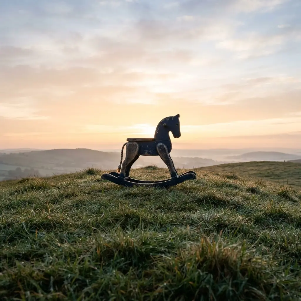 Childhood toy silhouette placed on a hill against a pale sunrise with long golden shadows.