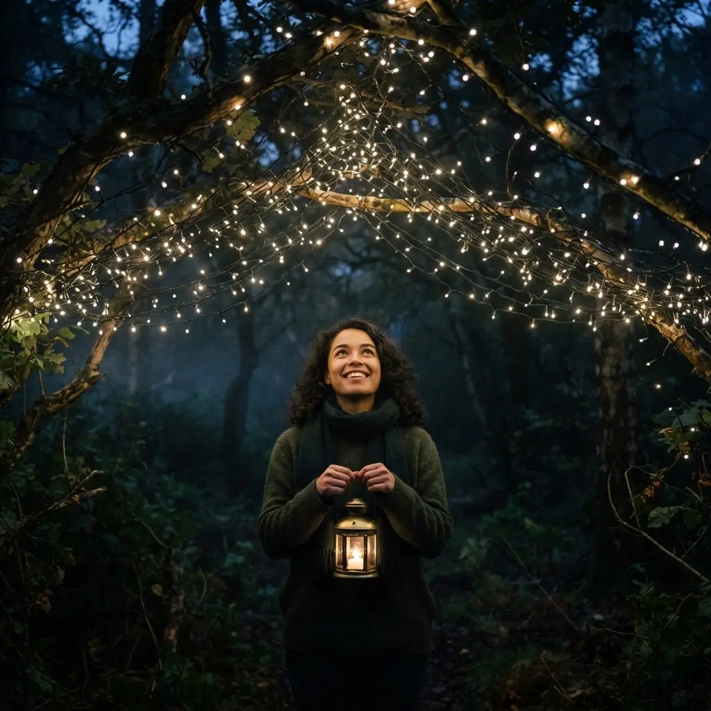 Glowing fairy lights hang between woodland branches around a person holding a small lantern at dusk.