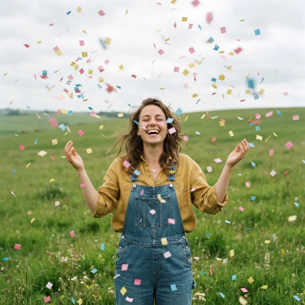 A smiling subject stands beneath falling paper confetti in an open field with soft daylight.