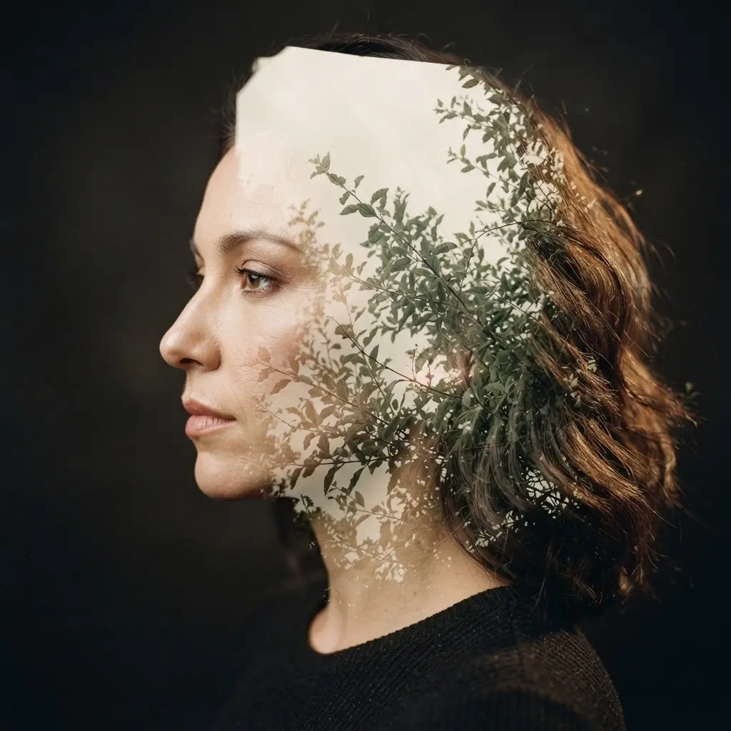 Whimsical photography ideas featuring a surreal double exposure portrait merged with leafy branches and pale sky.