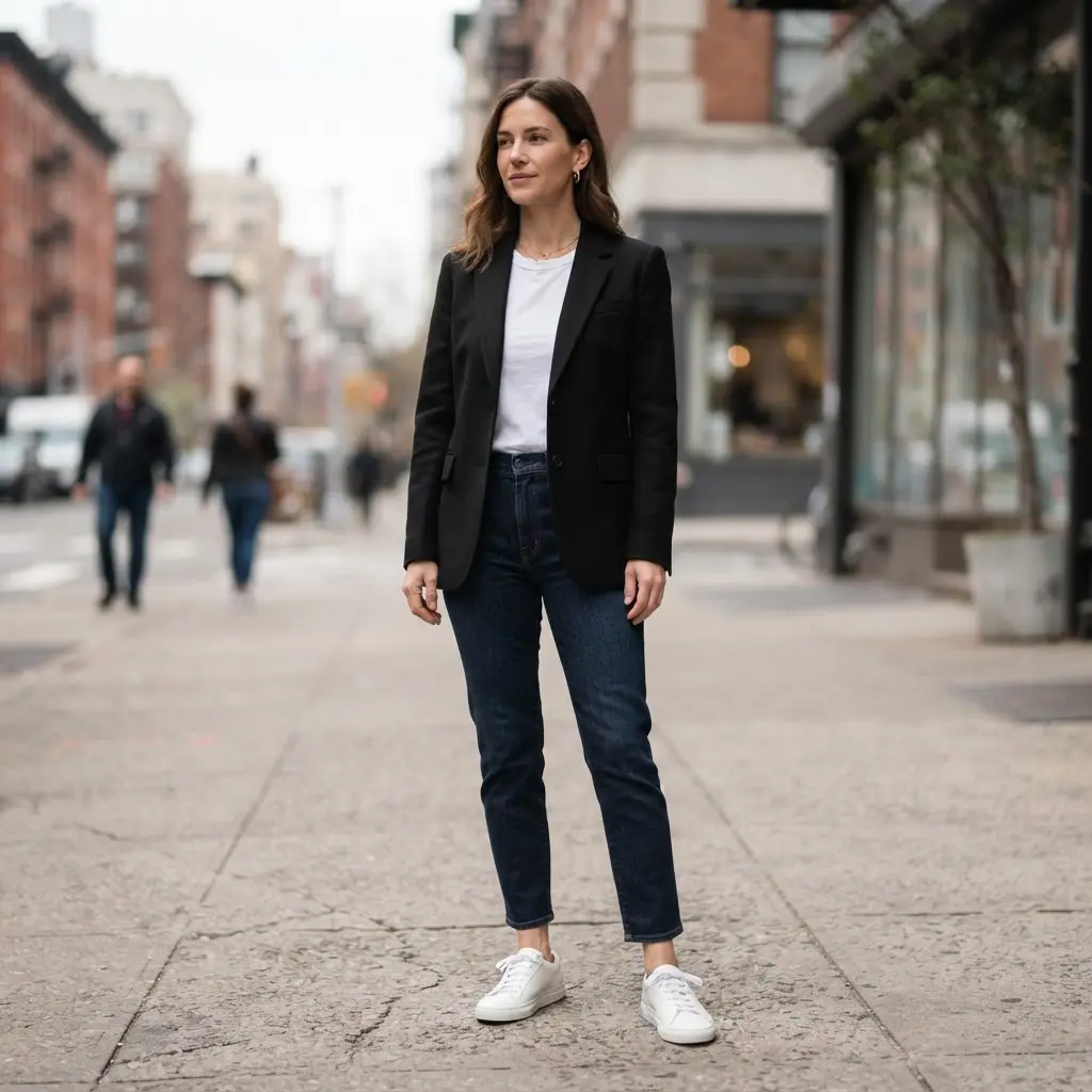 A woman's outfit featuring crisp white sneakers, dark wash jeans, and a structured black blazer for a smart-casual look.