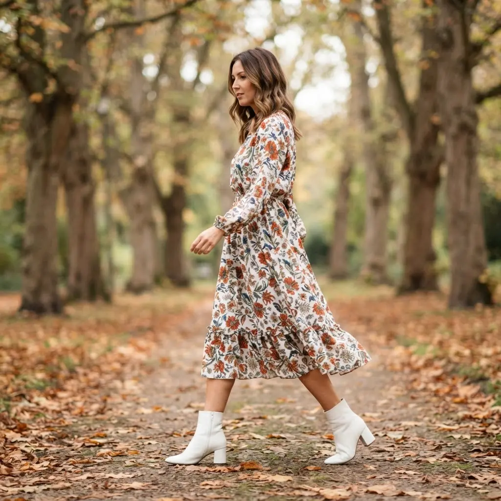 A chic autumn ensemble with white leather ankle boots and a patterned midi dress, perfect for transitional weather.