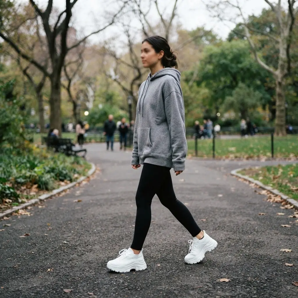A comfortable athleisure outfit built around bold white platform sneakers, black leggings, and a grey sweatshirt.