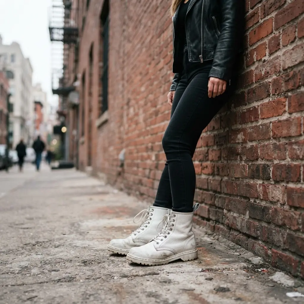 An edgy street-style look with white lace-up combat boots, black skinny jeans, and a classic leather moto jacket.
