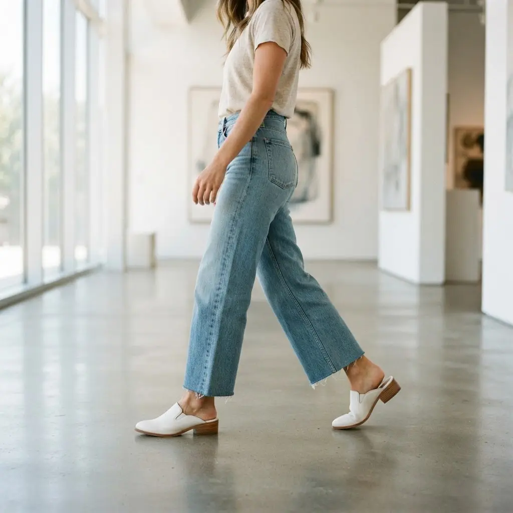 A casual yet sophisticated outfit showing white leather mules and light-wash, wide-leg jeans with a tucked-in tee.