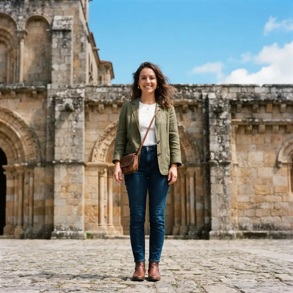Travel destination landmark backdrop with a person in the foreground and a historic building behind them.