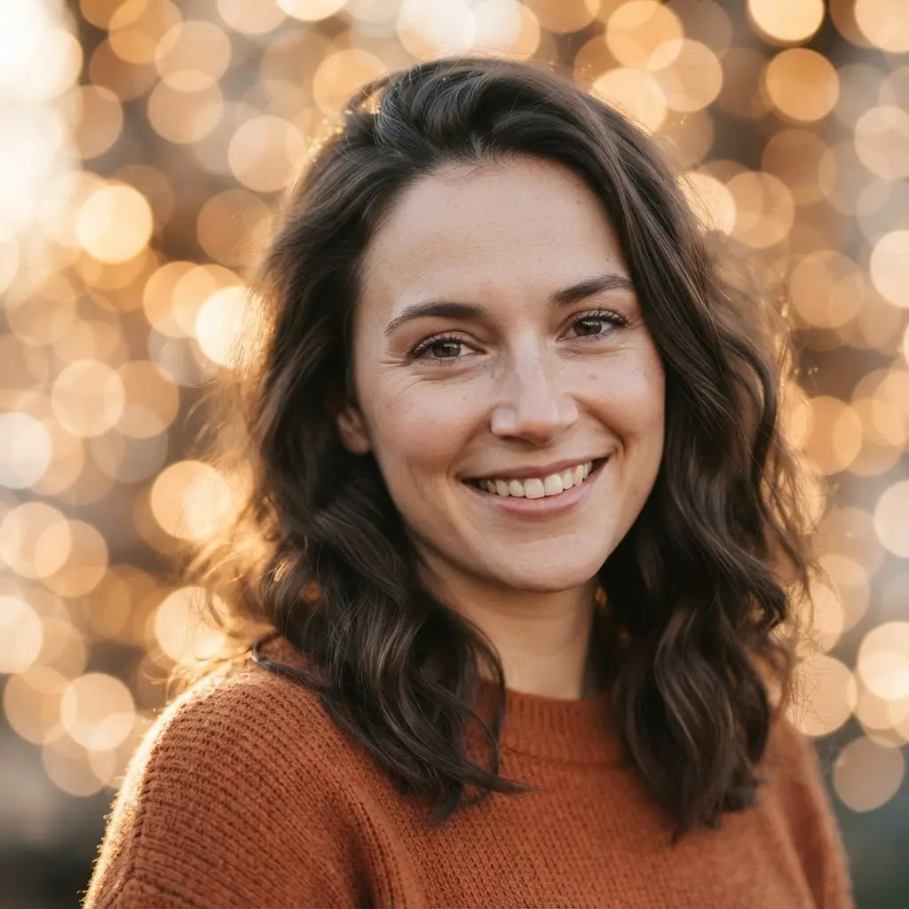 Dreamy bokeh effect photo showing a person in focus with round lights across the blurred background.