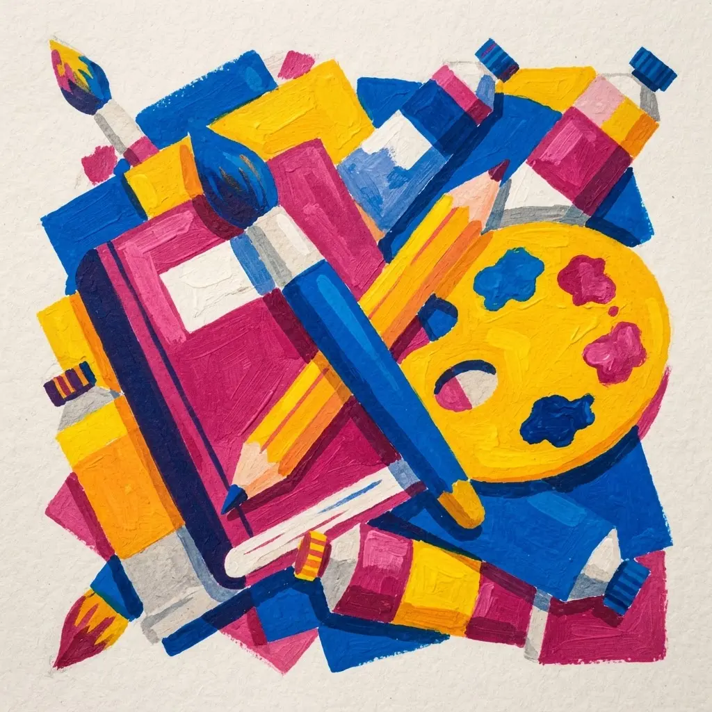 Colorful hobby showcase graphic with art tools, bold shapes, and a bright digital composition.