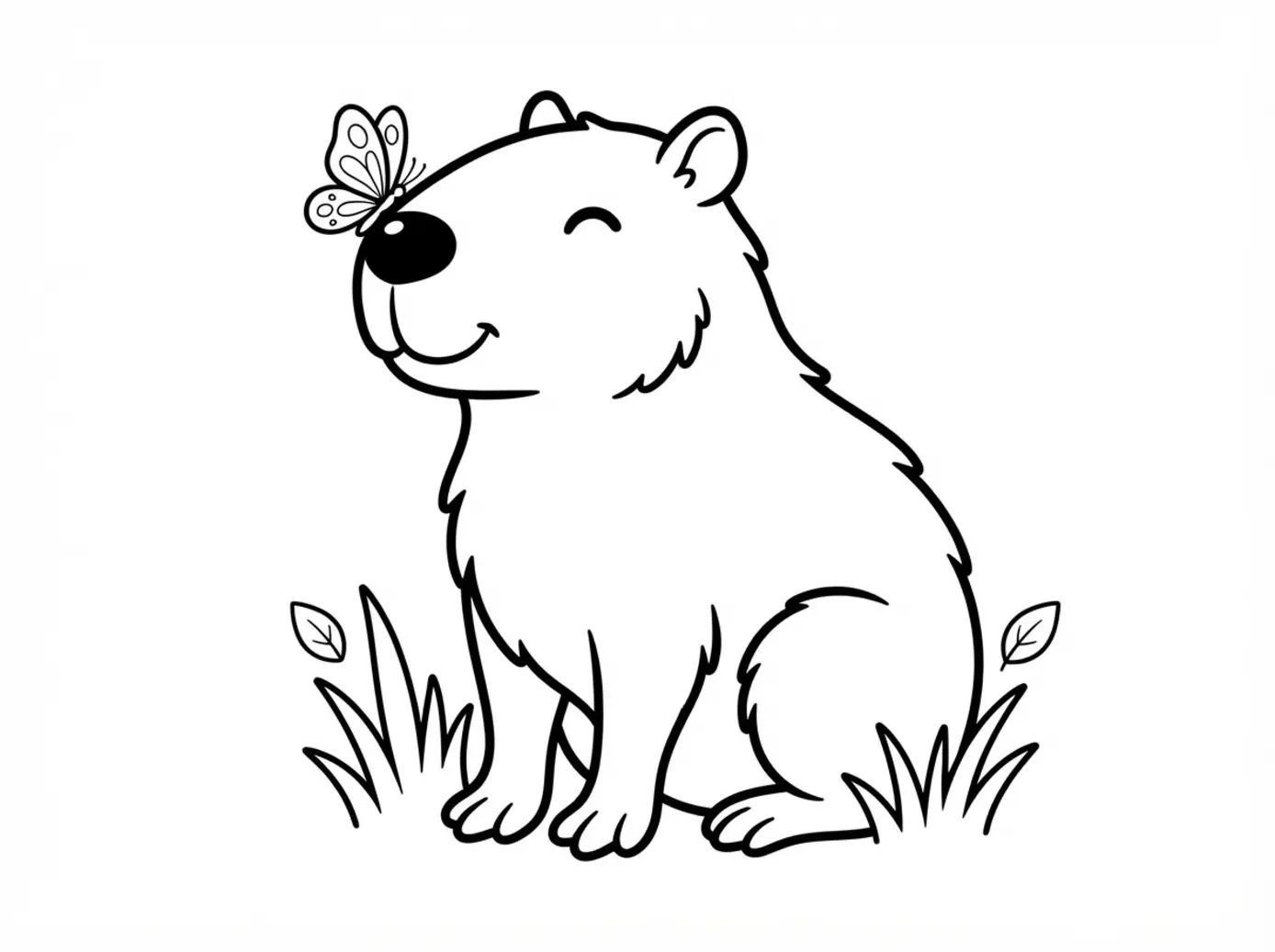 A capybara sits beneath a small butterfly resting on its nose, surrounded by simple grass and leaves.