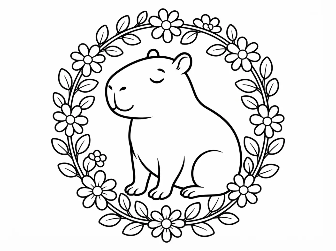 Capybara coloring page showing a calm capybara surrounded by daisies, leaves, stems, and open floral spaces.