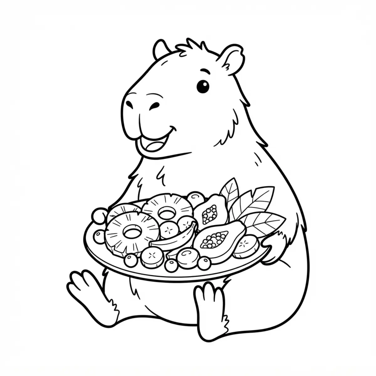 A seated capybara eats from a plate filled with tropical fruit, including slices, leaves, and round berries.