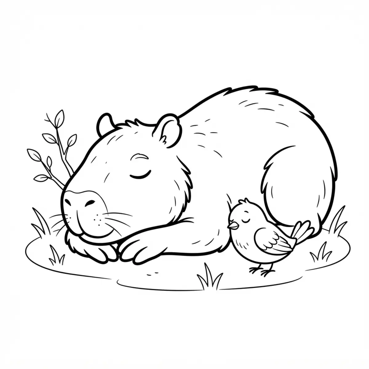 Capybara coloring page showing a sleeping capybara beside a small bird, with grass, twigs, and gentle outlines.