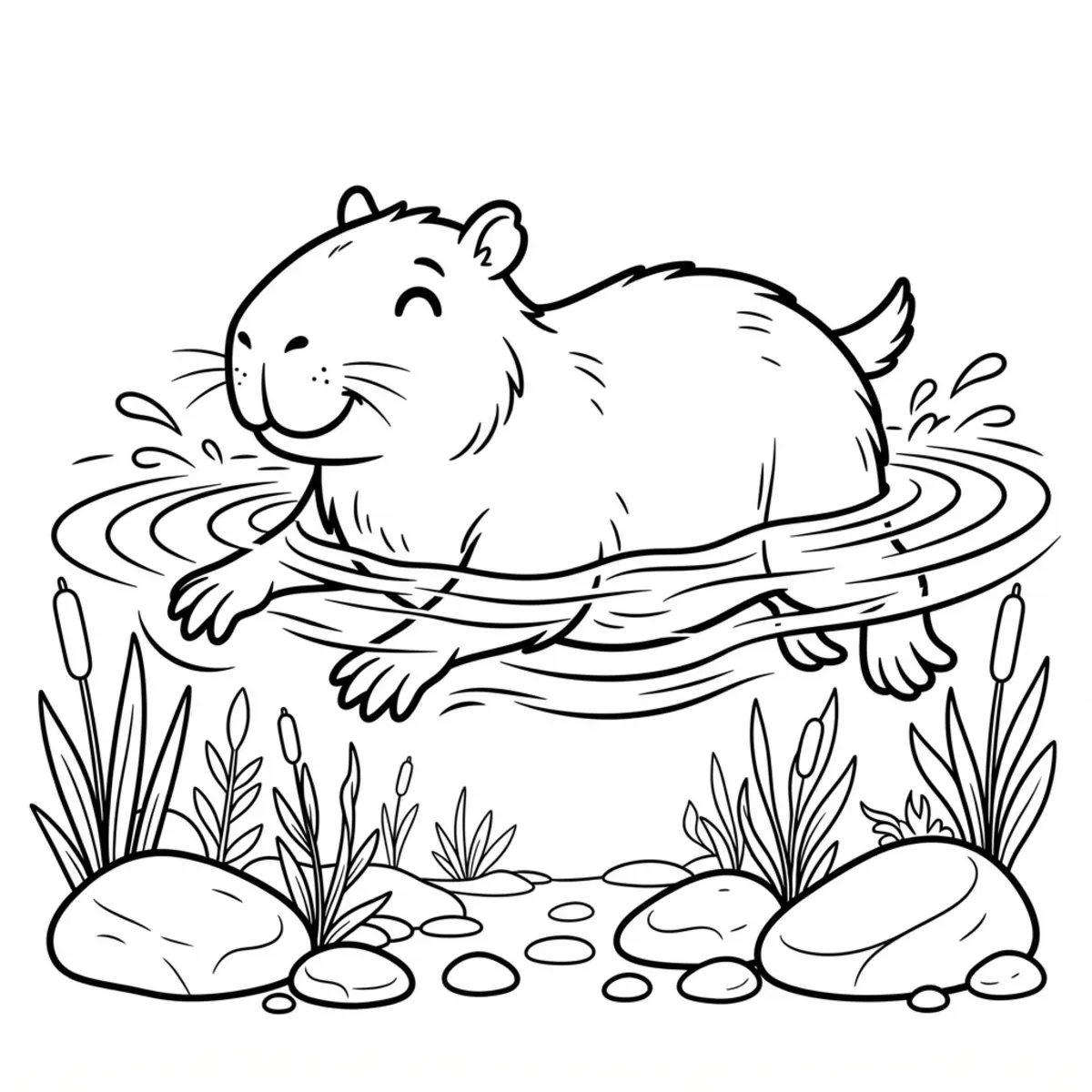 Capybara coloring page showing a playful capybara swimming in a river with ripples, reeds, and rounded stones.