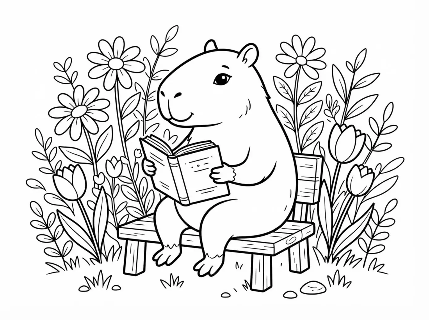 A capybara sits in a garden reading an open book beside flowers, leafy plants, and a small bench.