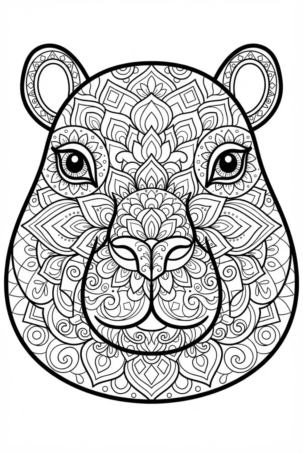 Capybara coloring page showing a front-facing capybara face filled with repeating mandala lines and floral shapes.