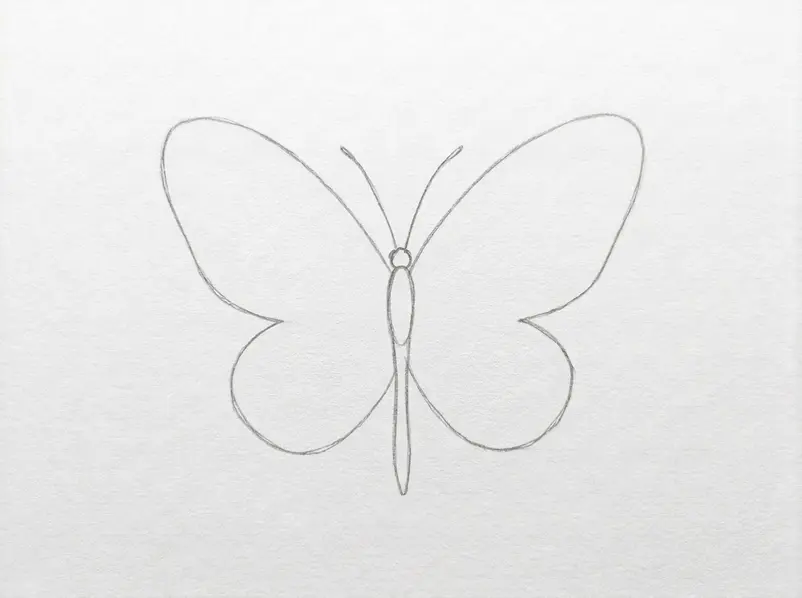 A clean light-pencil butterfly with balanced wings, body, and antennae after guides are erased.