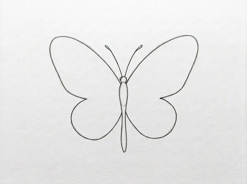A clean inked butterfly with mirrored wings, slender body, and antennae on white paper.