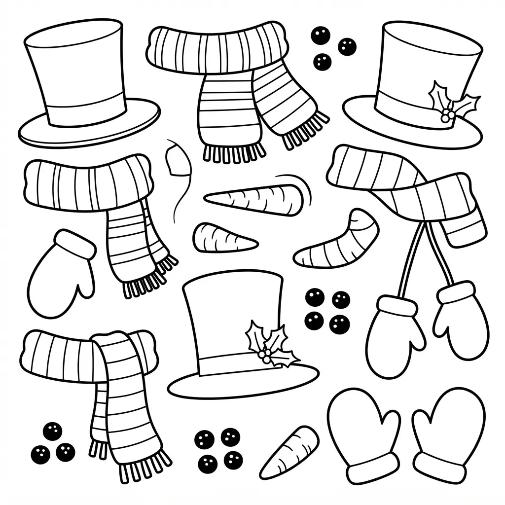 Separate snowman hats, scarves, carrot noses, and buttons arranged as black and white paper cutout pieces.