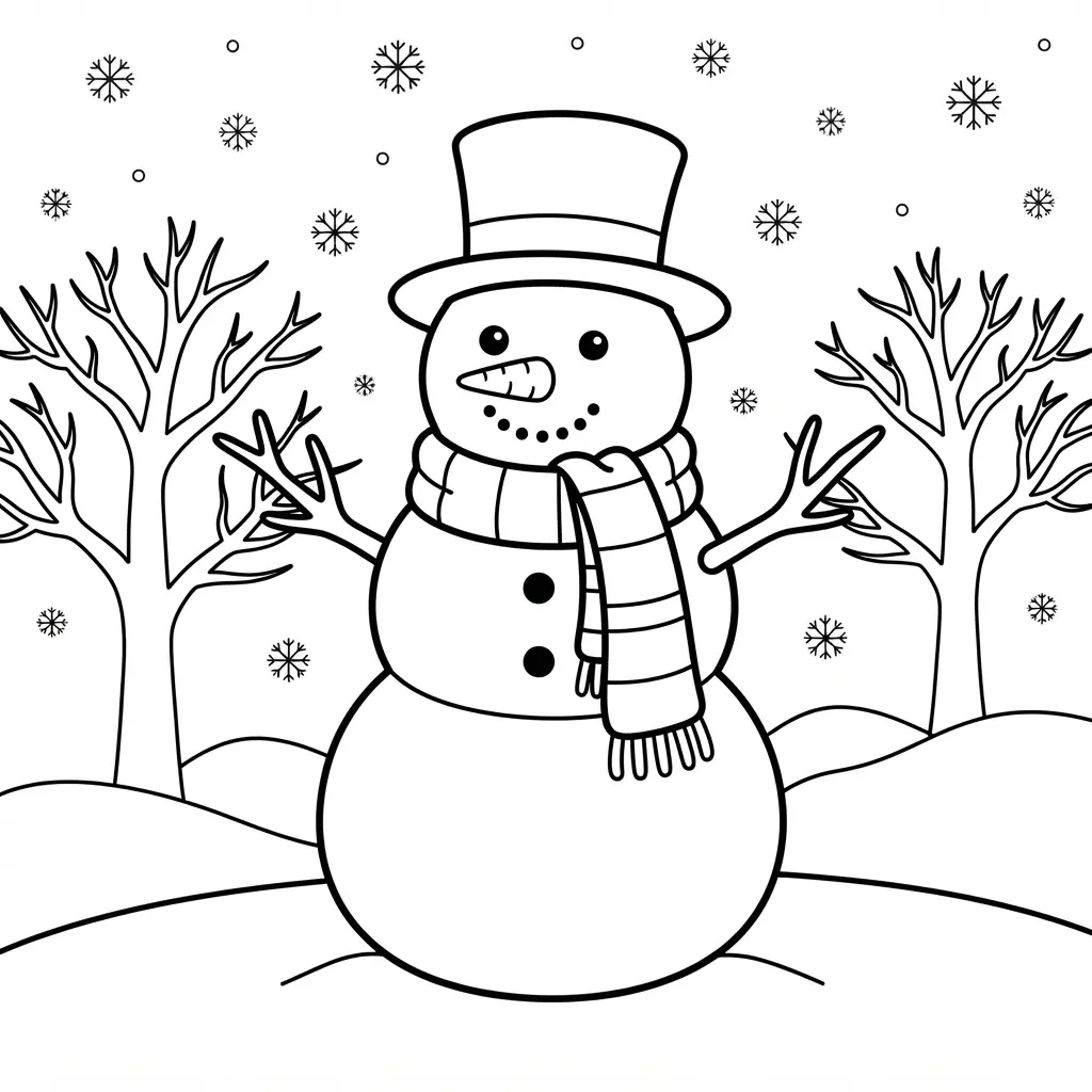 Printable snowman templates scene showing a detailed snowman beside winter trees, snowflakes, and a snowy ground.