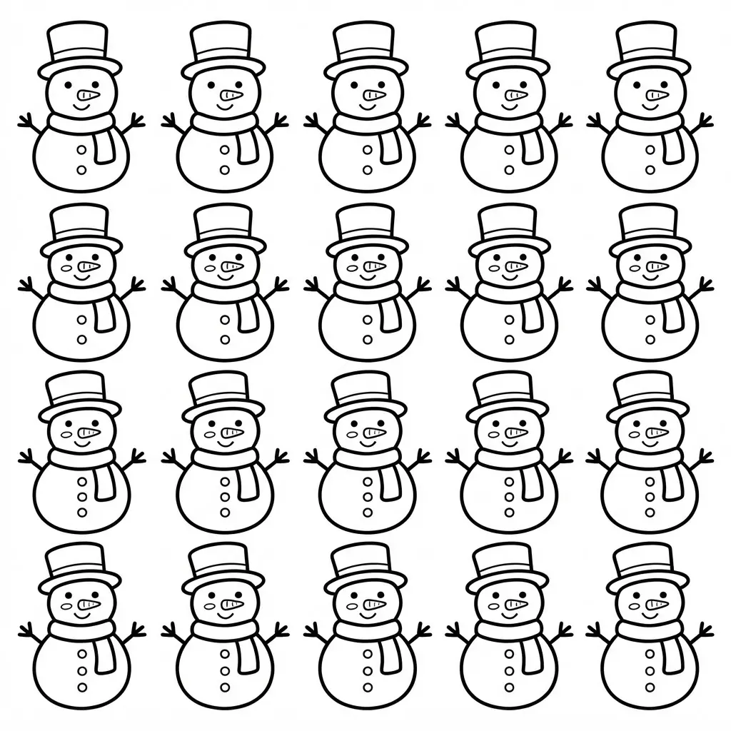 Small snowman garland cutout shapes with round bodies, hats, scarves, and simple faces on white paper.