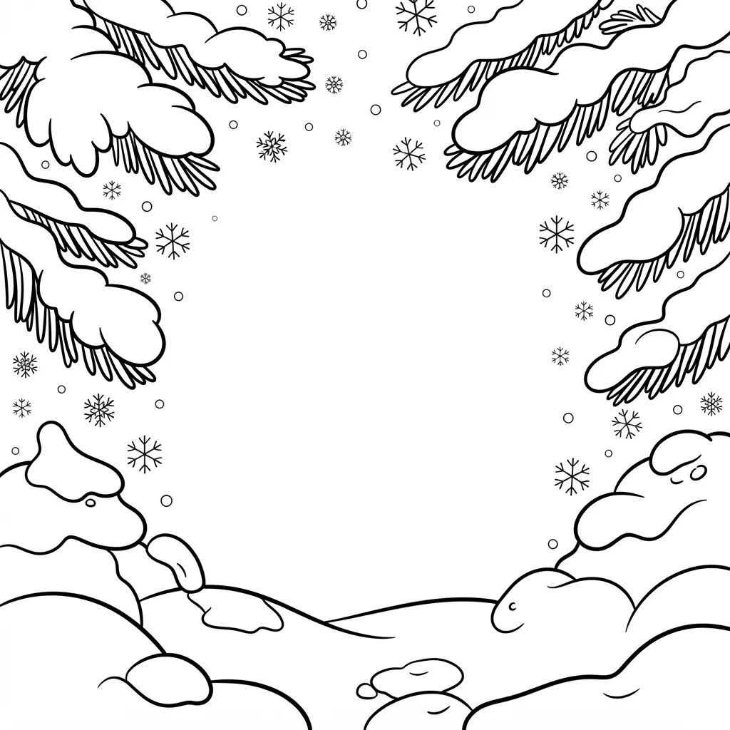 Printable snowman templates winter frame showing pine trees, snowbanks, snowflakes, and an open center for a snowman.